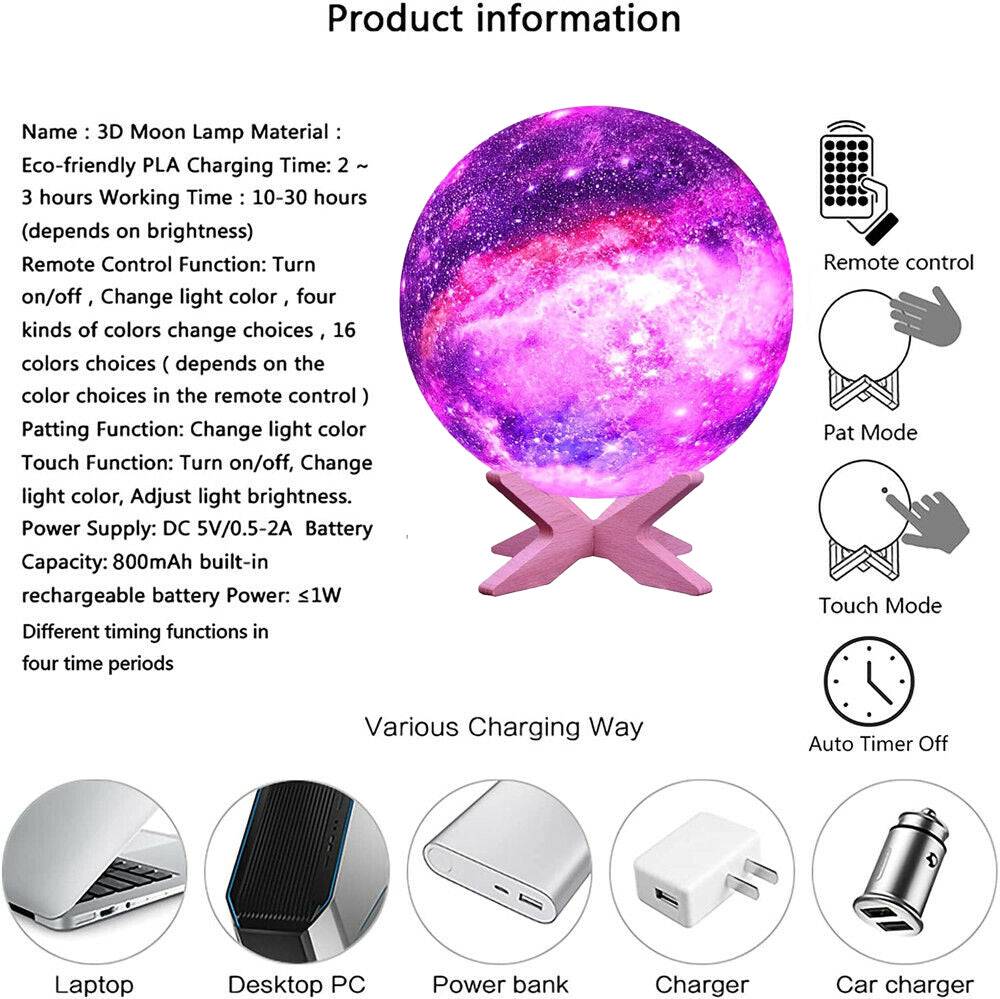 3D Galaxy Night Lunar Light Touch Color Changing Moon Lamp - - #tag1#