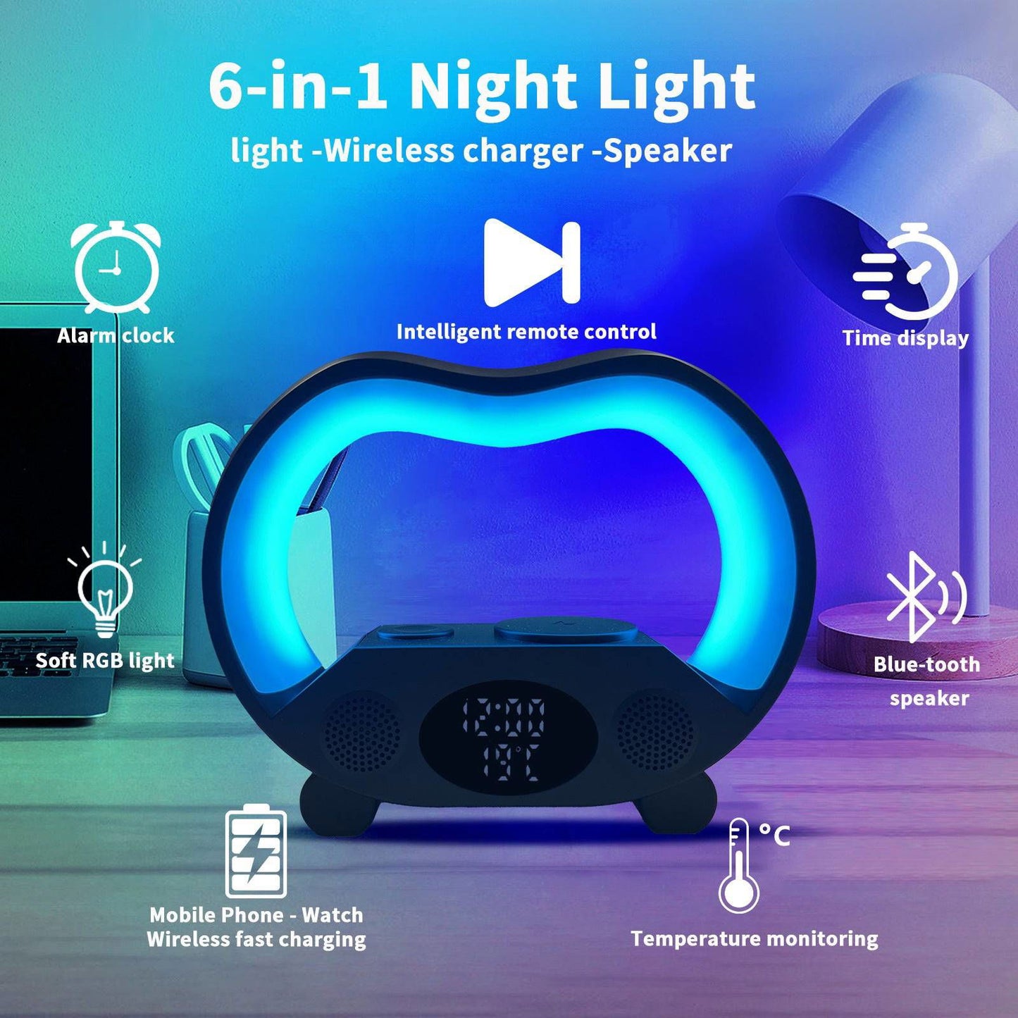 6 In 1 Smart Remote Control Bluetooth Ambience Intelligent LED Table Lamp - wireless fast charging - #tag1#