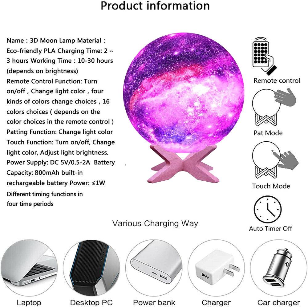 3D Galaxy Night Lunar Light Touch Color Changing Moon Lamp -  - #tag1# 